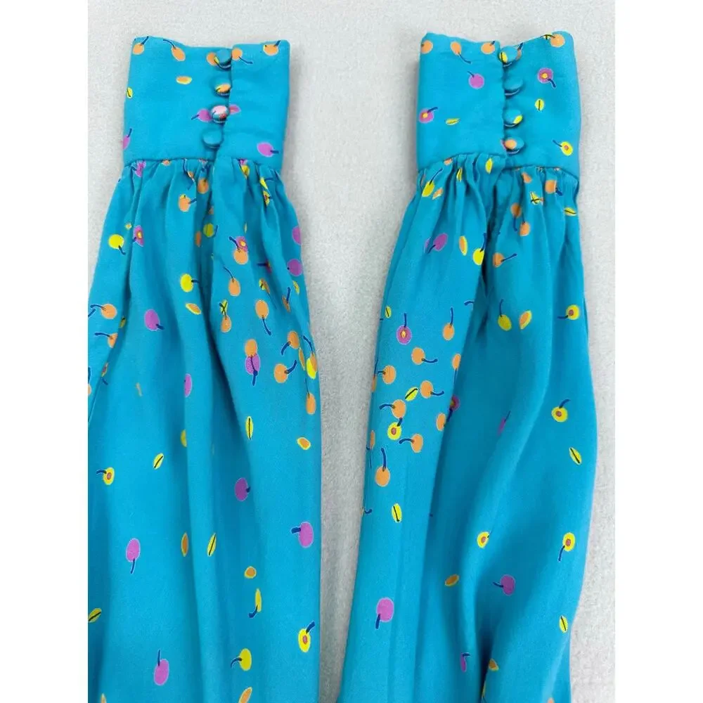 Free People Coryn Mini Dress Cherry Print Teal Blue Green Cut Out Pleated Size 4 - Picture 6 of 12